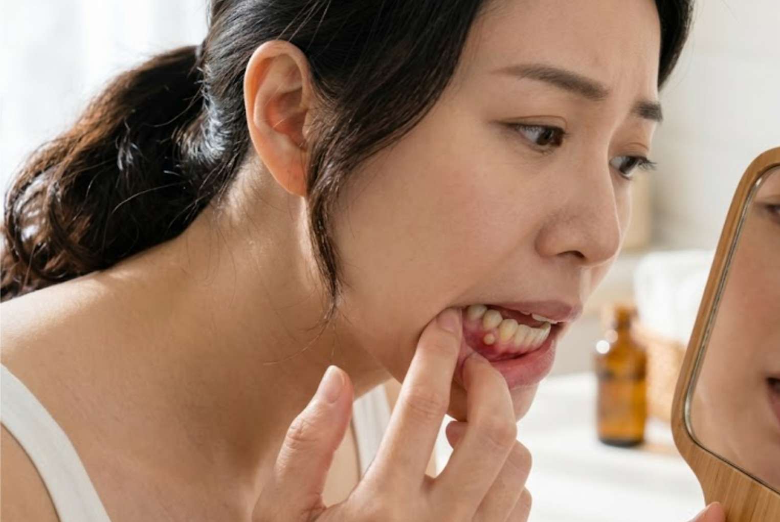 잇몸 뾰루지 고름7 잇몸에 난 작은, 둥근, 볼록한 고름 주머니(누공)의 모습