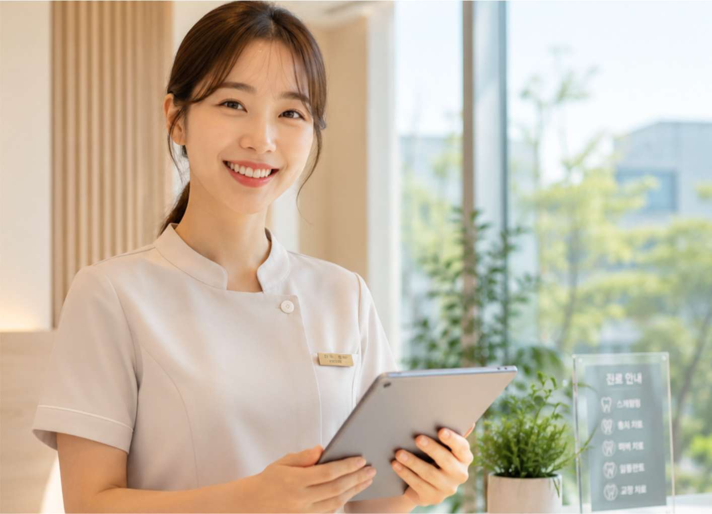 충치 치료 후 시림6 치과 데스크에서 태블릿을 들고 친절하게 미소 짓는 동양인 치과 위생사