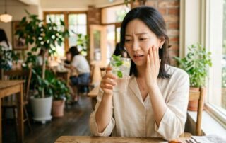 여름철 카페에서 얼음물을 마시다 치아에 차가움을 느끼는 동양인 여성의 모습