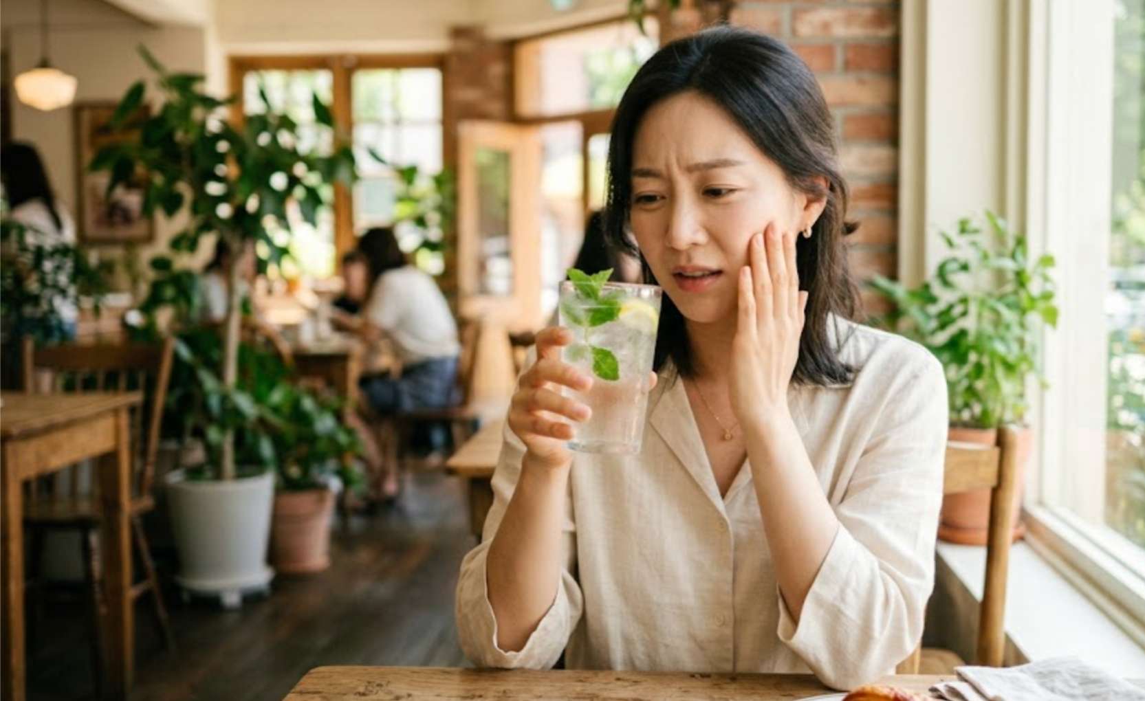 여름철 카페에서 얼음물을 마시다 치아에 차가움을 느끼는 동양인 여성의 모습