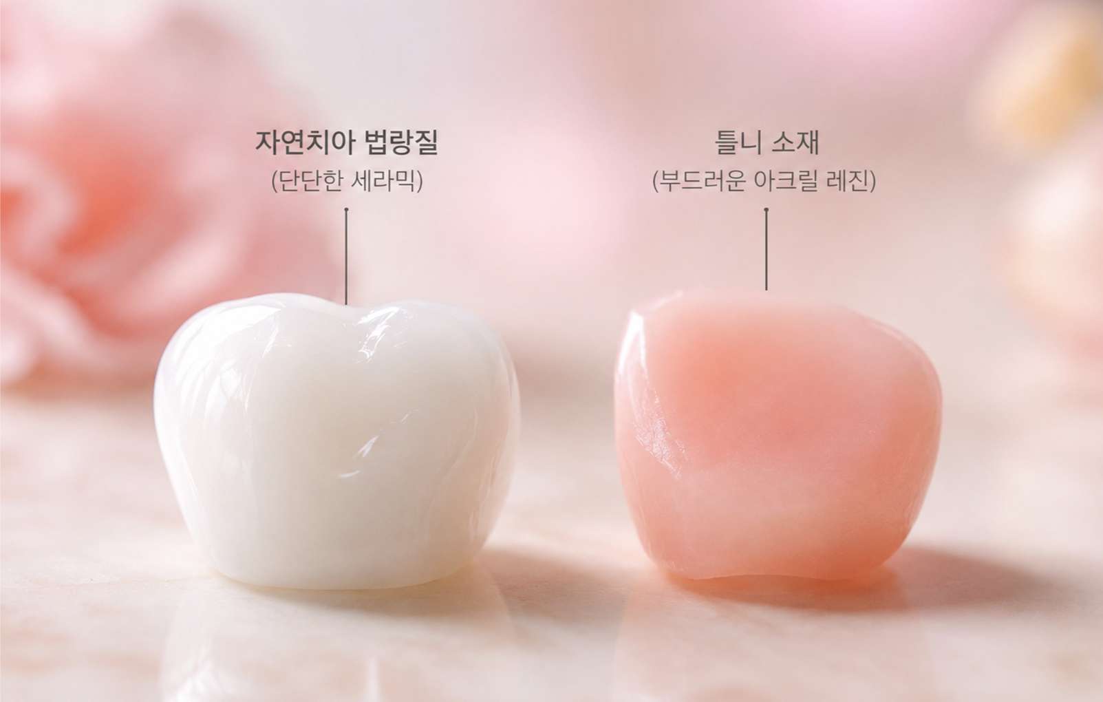 틀니 세척법1 단단한 도자기와 부드러운 핑크빛 레진 재질을 비교하는 은유적 이미지