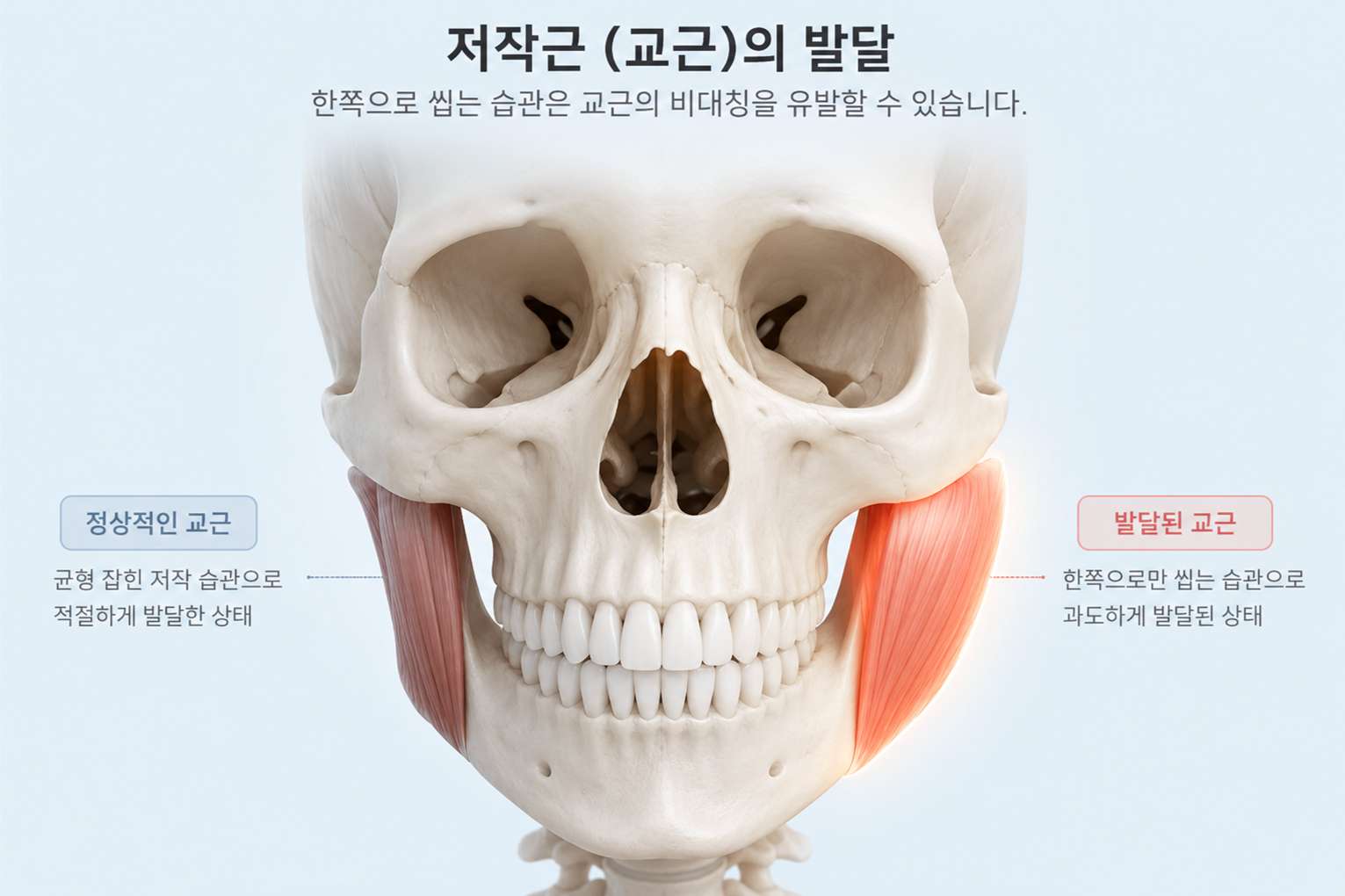 한쪽 턱 근육(교근)만 도드라지게 발달한 모습을 부드럽게 표현한 3D 일러스트