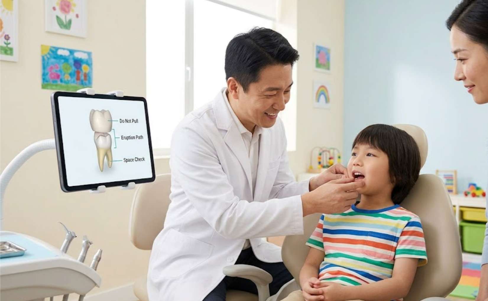 상어이빨의 맹출 방향과 공간을 확인하는 동양인 치과의사와 아이