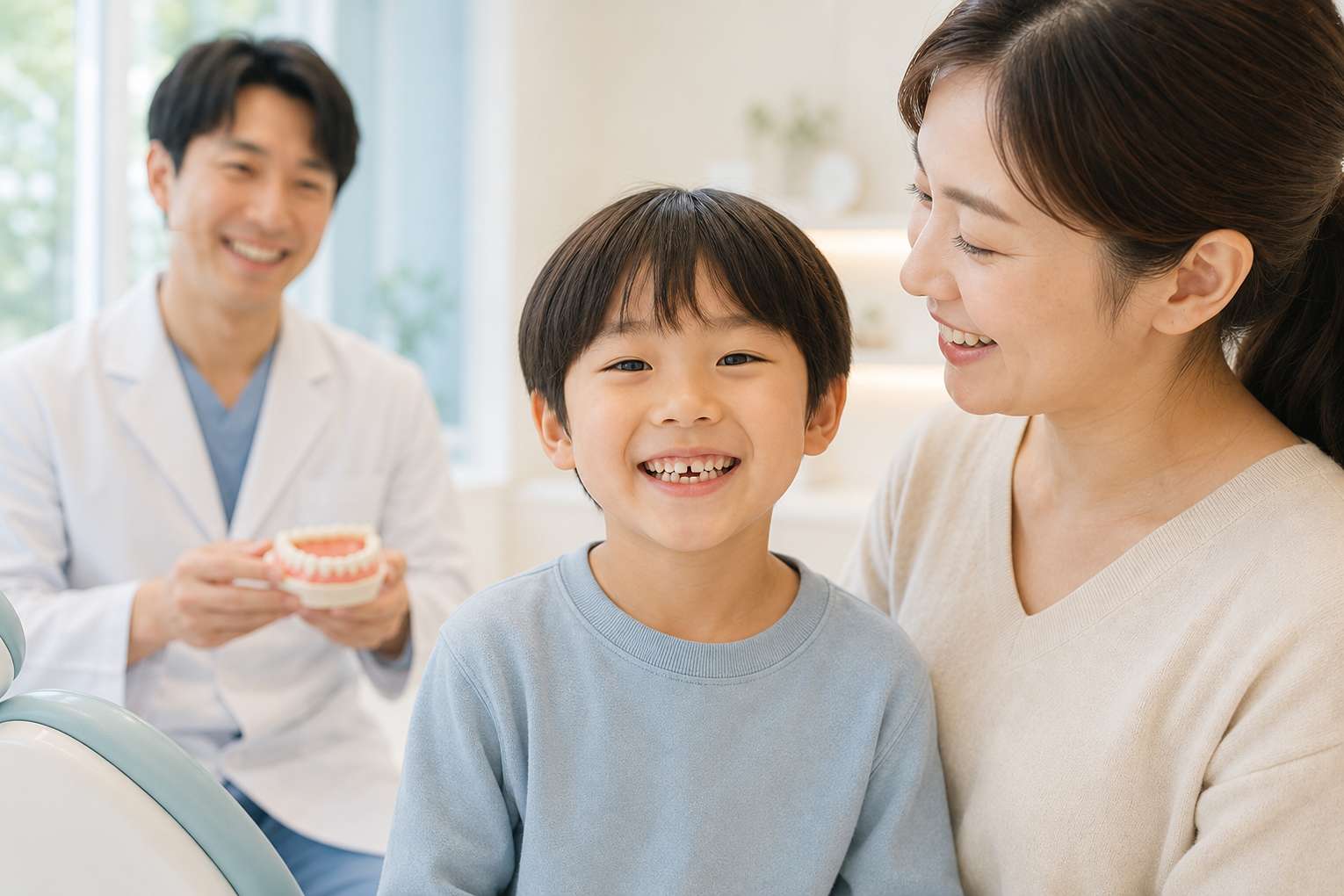 영구치 교환 과정을 편안하게 관찰하는 동양인 아이와 보호자