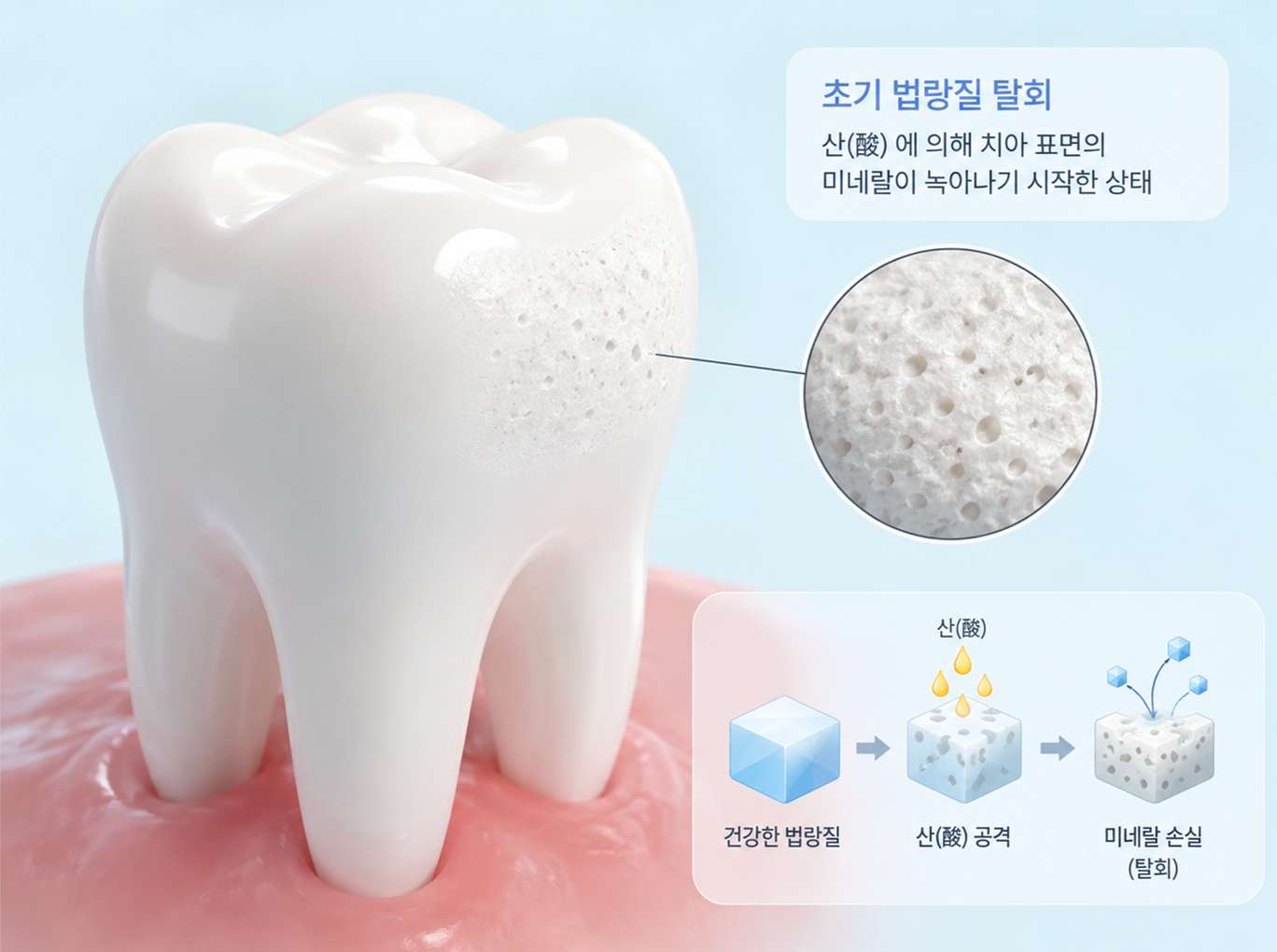 소아 방학 간식 충치4 산성으로 인해 표면의 광택을 잃고 하얗고 푸석하게 약해진 치아 표면을 보여주는 3D 일러스트