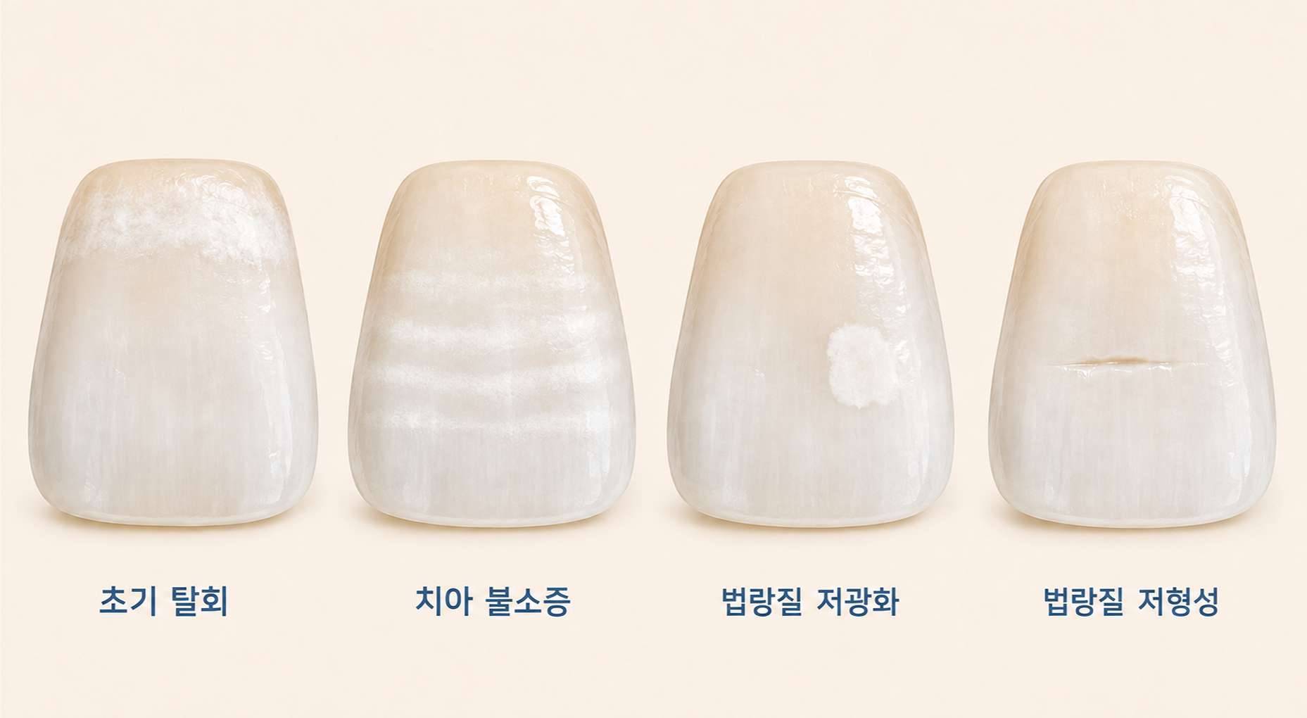초기 탈회와 불소증, 저광화, 저형성을 비교한 앞니 이미지