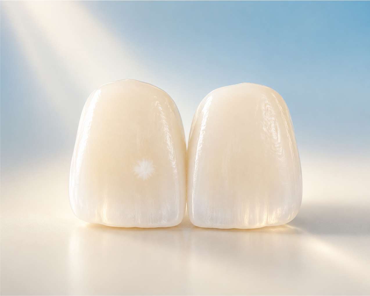 건강하고 투명한 앞니 법랑질과 불투명한 하얀 반점의 차이를 보여주는 3D 치아 이미지