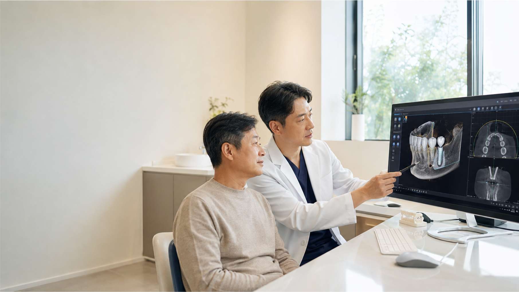 임플란트 뼈이식 필요 여부를 3D CT로 상담받는 환자