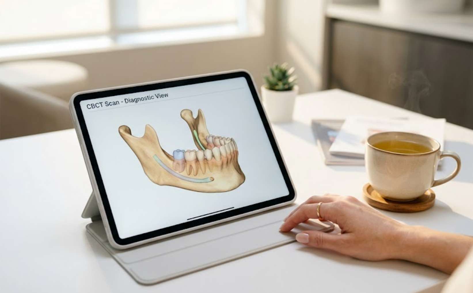 치과 진료실 책상 위에 놓인 따뜻한 차 한 잔과 정확한 진단을 위한 3D CT 화면이 띄워진 태블릿