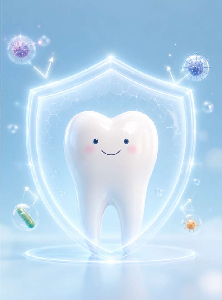 치아 홈메우기8 하얀 치아 모형을 든든하게 감싸고 있는 반투명한 푸른빛 방패의 3D 일러스트