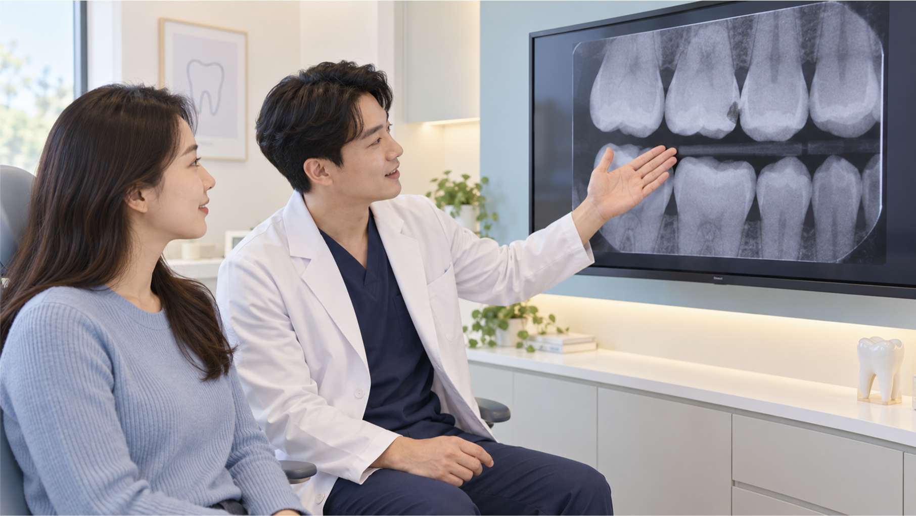 안 아픈 충치3 엑스레이를 함께 보며 안 아픈 충치를 상담하는 동양인 환자와 치과의사