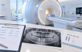 치과 임플란트가 표시된 파노라마 엑스레이와 MRI 검사 장비