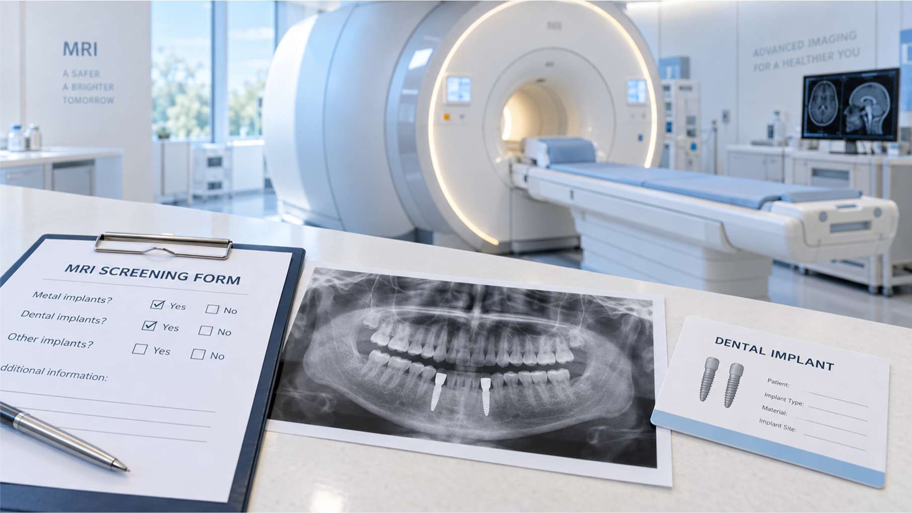 치과 임플란트가 표시된 파노라마 엑스레이와 MRI 검사 장비