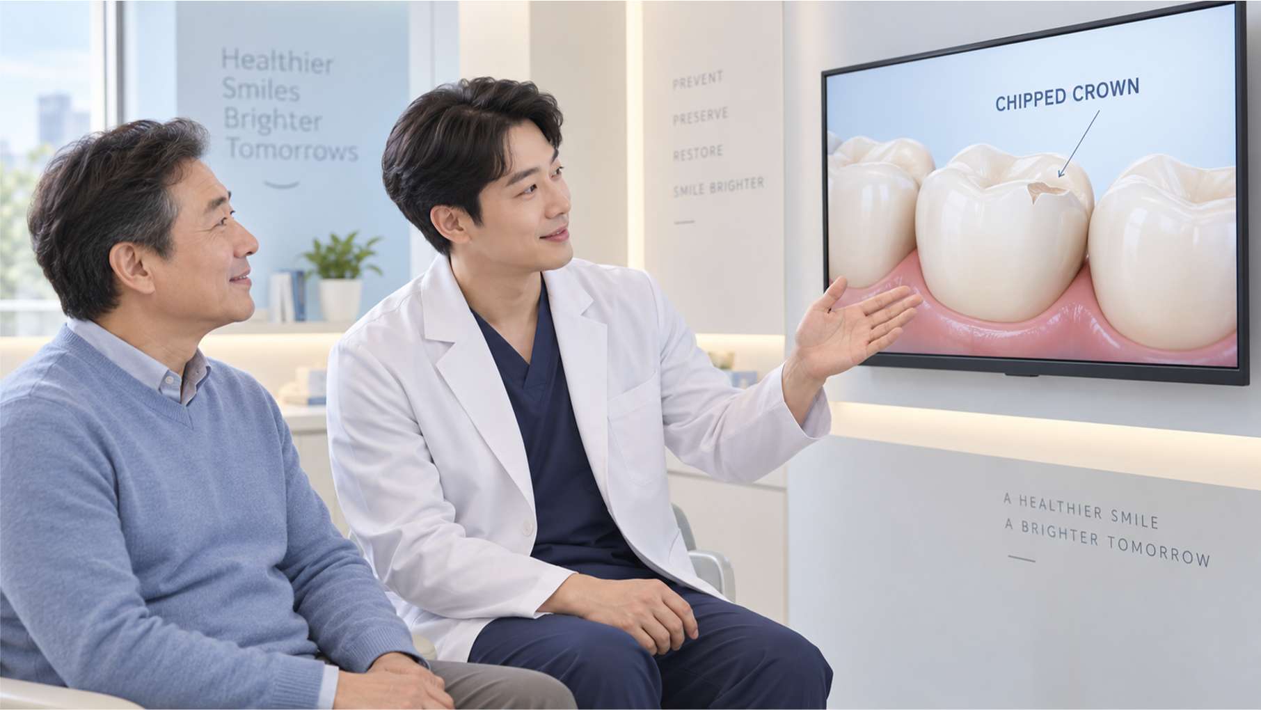 임플란트 크라운 교체5 깨진 임플란트 크라운의 교체 방법을 상담하는 동양인 환자와 치과의사